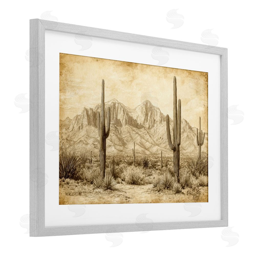 Petal Prints Design The Desert Sepia Landscape Gray Framed Print Under Glass with White Mat Wall Art