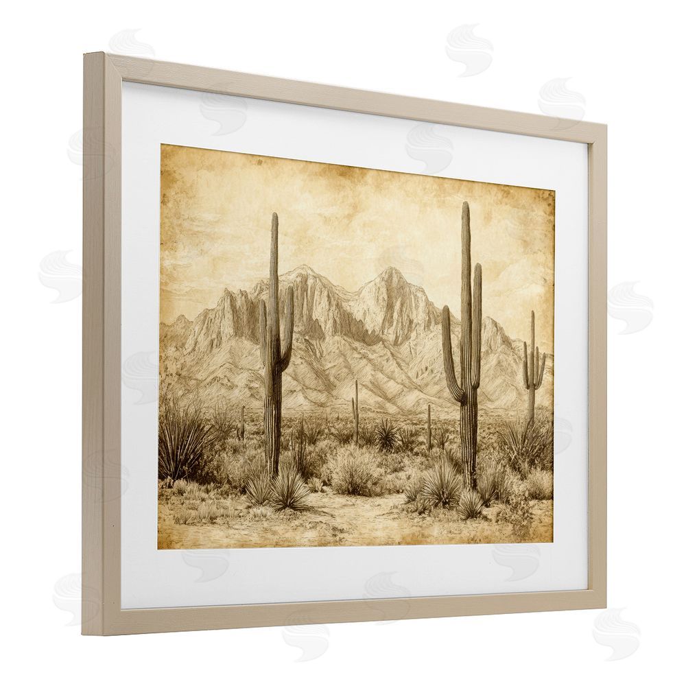 Petal Prints Design The Desert Sepia Landscape Birch Framed Print Under Glass with White Mat Wall Art