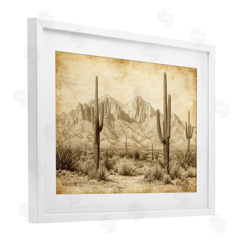 Petal Prints Design The Desert Sepia Landscape White Framed Print Under Glass with Mat Wall Art