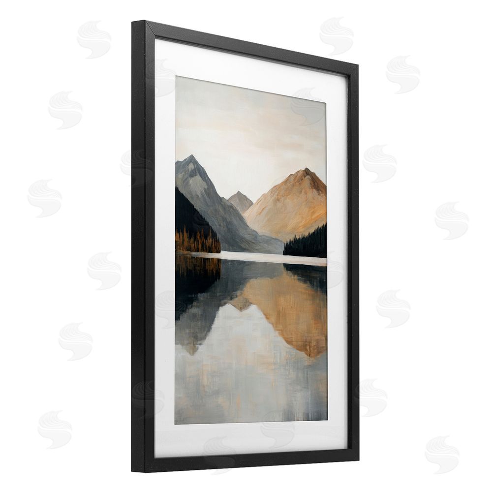 Petal Prints Design Terracotta Reflection Mountain Range Black Framed Print Under Glass with White Mat Wall Art