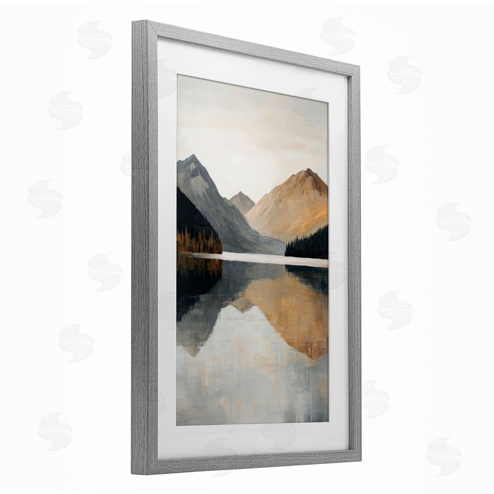 Petal Prints Design Terracotta Reflection Mountain Range Gray Framed Print Under Glass with White Mat Wall Art