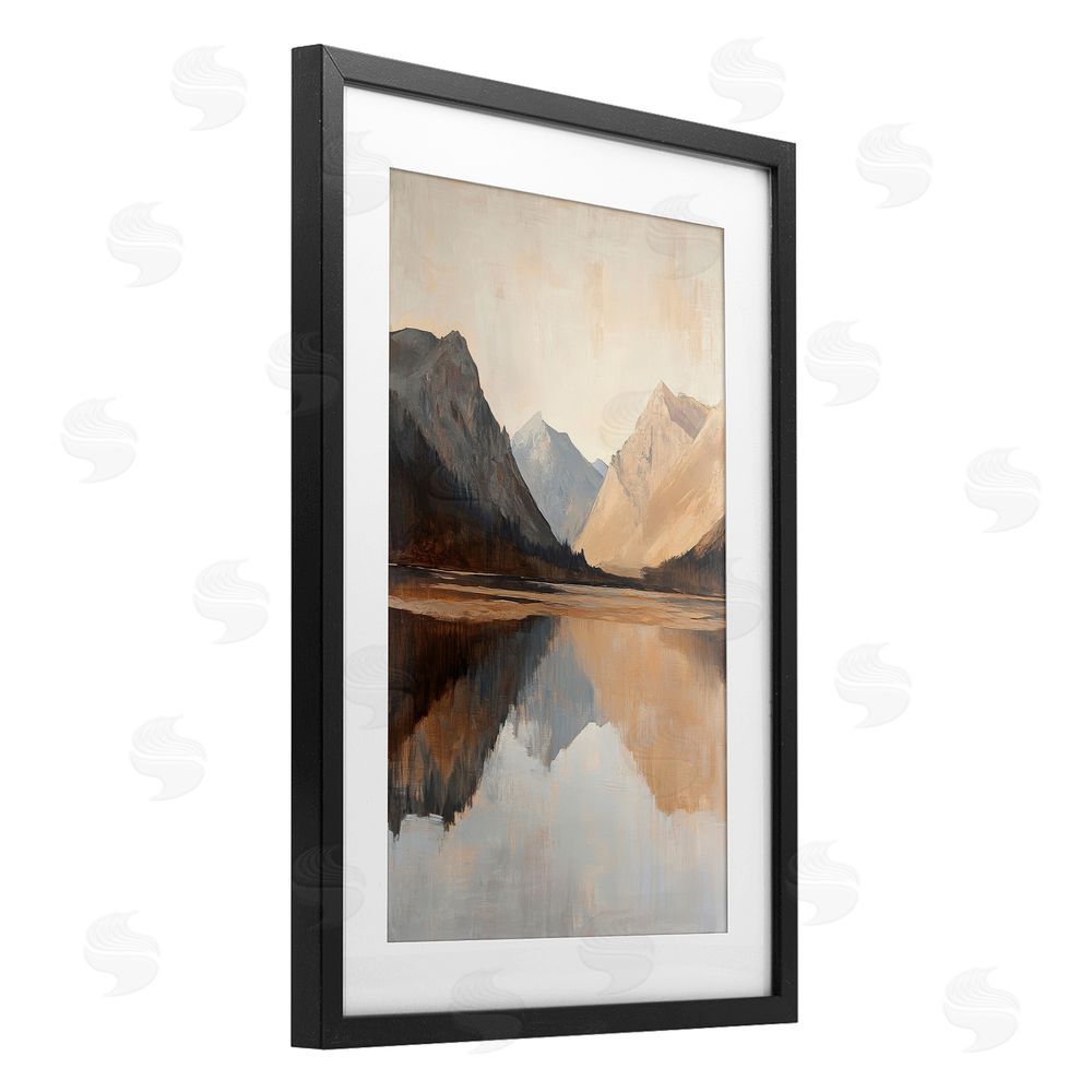 Petal Prints Design Terracotta Reflections Lake Landscape Black Framed Print Under Glass with White Mat Wall Art