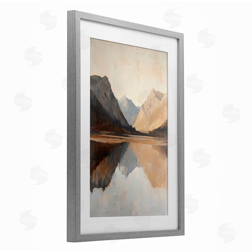 Petal Prints Design Terracotta Reflections Lake Landscape Gray Framed Print Under Glass with White Mat Wall Art