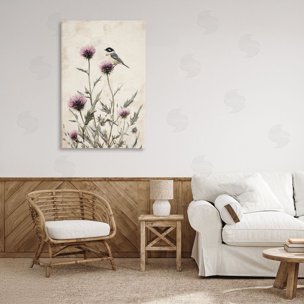 Petal Prints Design Purple Cornflowers and Chickadee Canvas Art on Wall