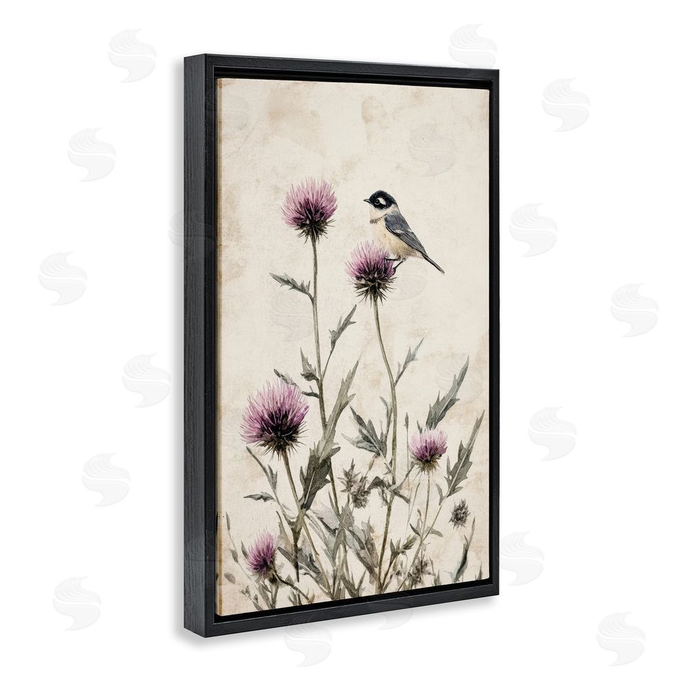 Petal Prints Design Purple Cornflowers and Chickadee Black Floating Frame Canvas Wall Art Print