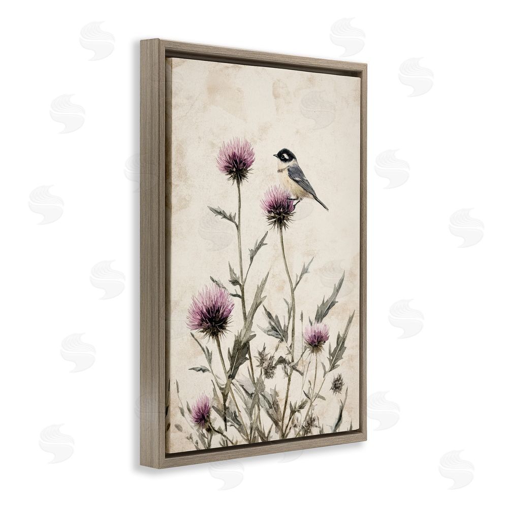 Petal Prints Design Purple Cornflowers and Chickadee Brown Floating Frame Canvas Wall Art Print