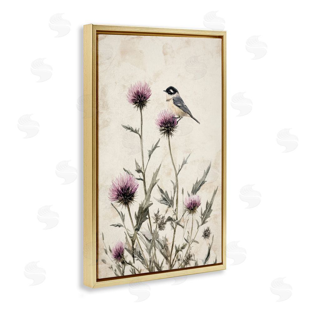 Petal Prints Design Purple Cornflowers and Chickadee Gold Floating Frame Canvas Wall Art Print