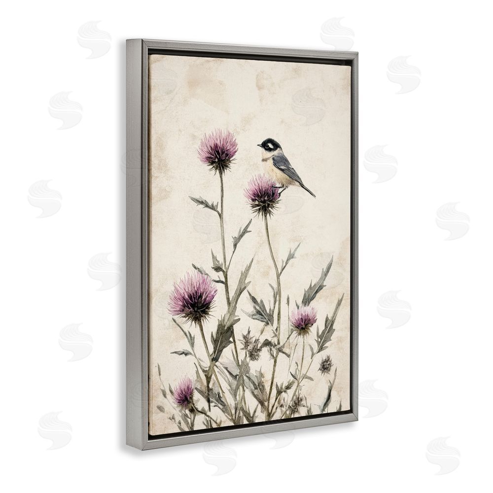 Petal Prints Design Purple Cornflowers and Chickadee Gray Floating Frame Canvas Wall Art Print
