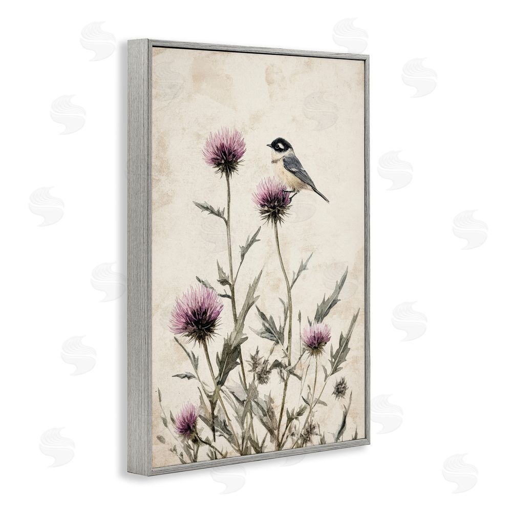 Petal Prints Design Purple Cornflowers and Chickadee Gray Framed Giclee Wall Art Print