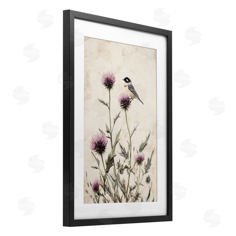 Petal Prints Design Purple Cornflowers and Chickadee Black Framed Print Under Glass with White Mat Wall Art