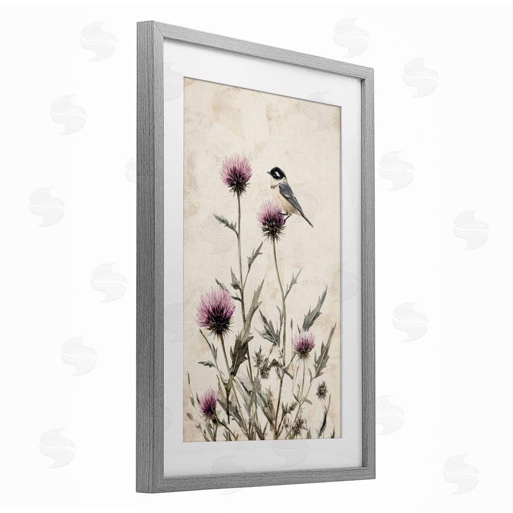 Petal Prints Design Purple Cornflowers and Chickadee Gray Framed Print Under Glass with White Mat Wall Art