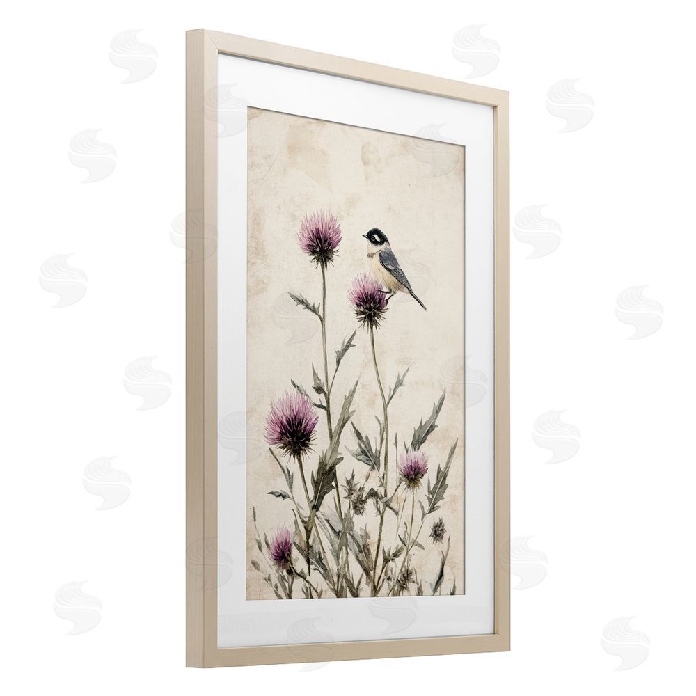 Petal Prints Design Purple Cornflowers and Chickadee Birch Framed Print Under Glass with White Mat Wall Art
