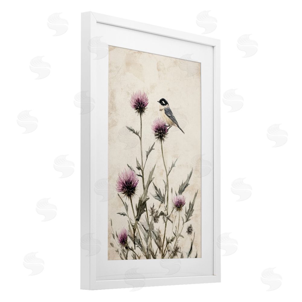 Petal Prints Design Purple Cornflowers and Chickadee White Framed Print Under Glass with Mat Wall Art