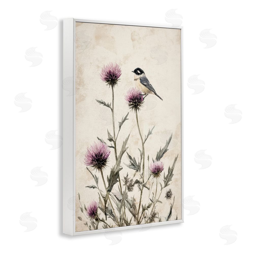 Petal Prints Design Purple Cornflowers and Chickadee White Framed Giclee Wall Art Print