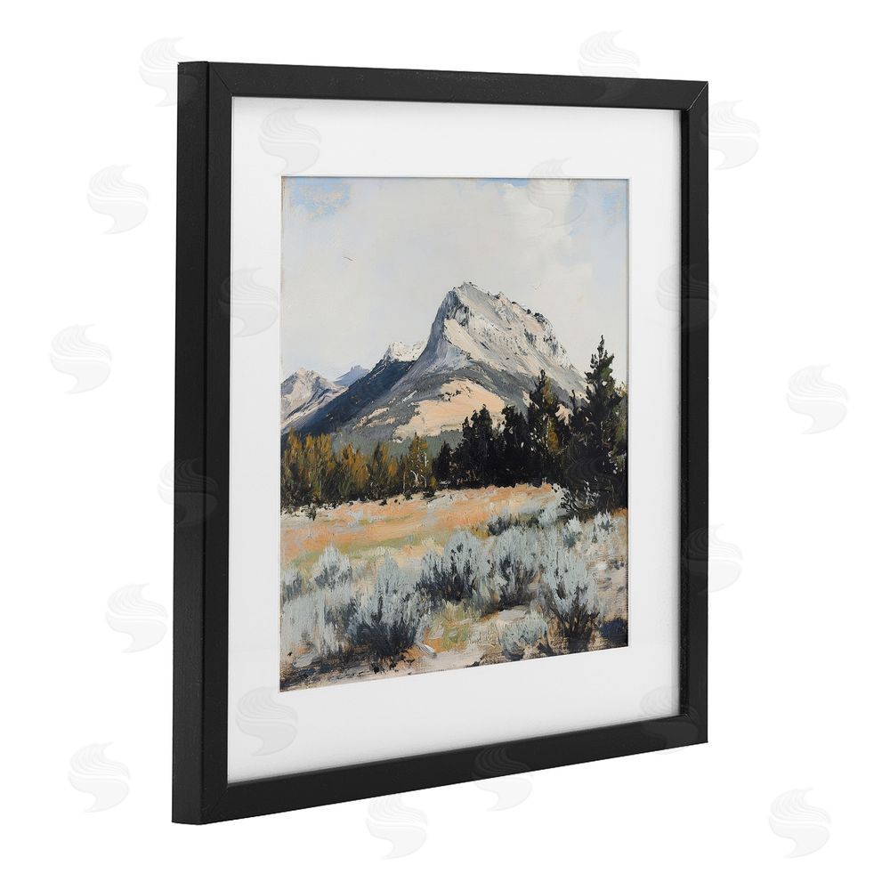 Petal Prints Design Desert Mountains and Forest Landscape Black Framed Print Under Glass with White Mat Wall Art