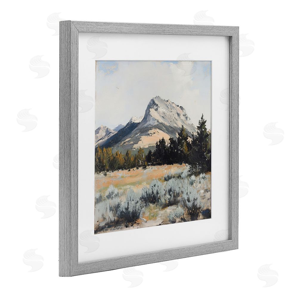 Petal Prints Design Desert Mountains and Forest Landscape Gray Framed Print Under Glass with White Mat Wall Art
