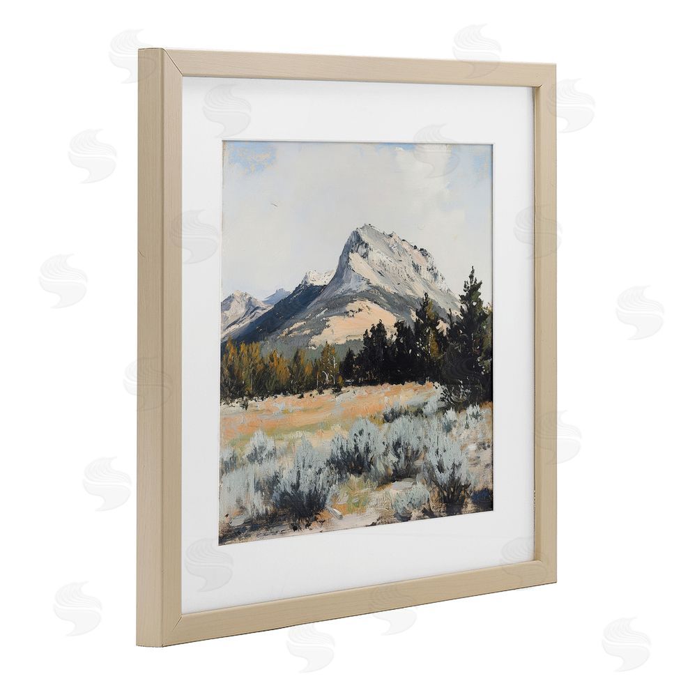 Petal Prints Design Desert Mountains and Forest Landscape Birch Framed Print Under Glass with White Mat Wall Art