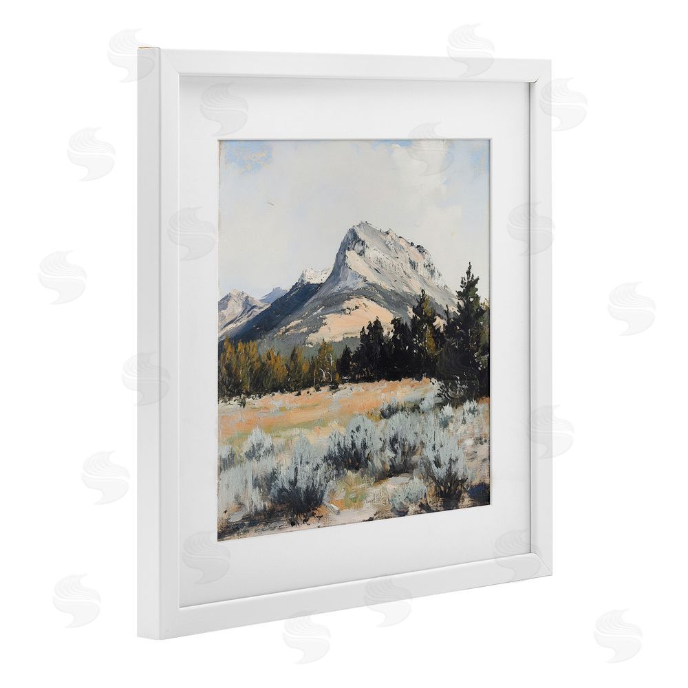 Petal Prints Design Desert Mountains and Forest Landscape White Framed Print Under Glass with Mat Wall Art