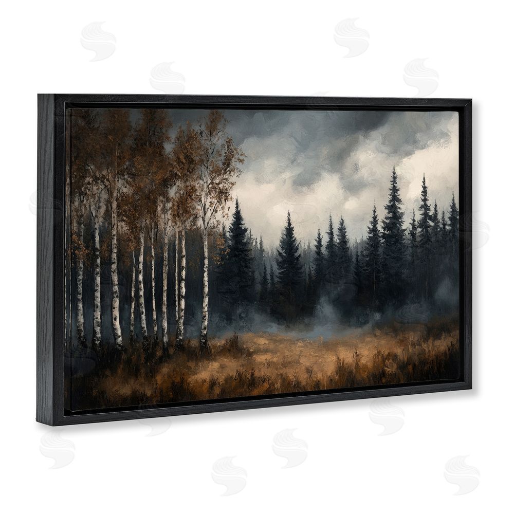 Petal Prints Design Misty Forest in Autumn Black Floating Frame Canvas Wall Art Print