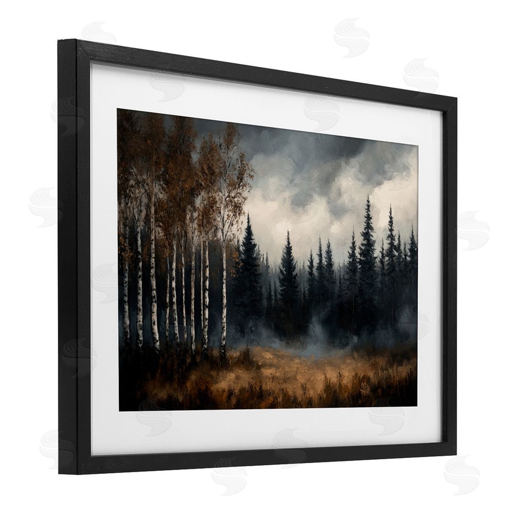 Petal Prints Design Misty Forest in Autumn Black Framed Print Under Glass with White Mat Wall Art