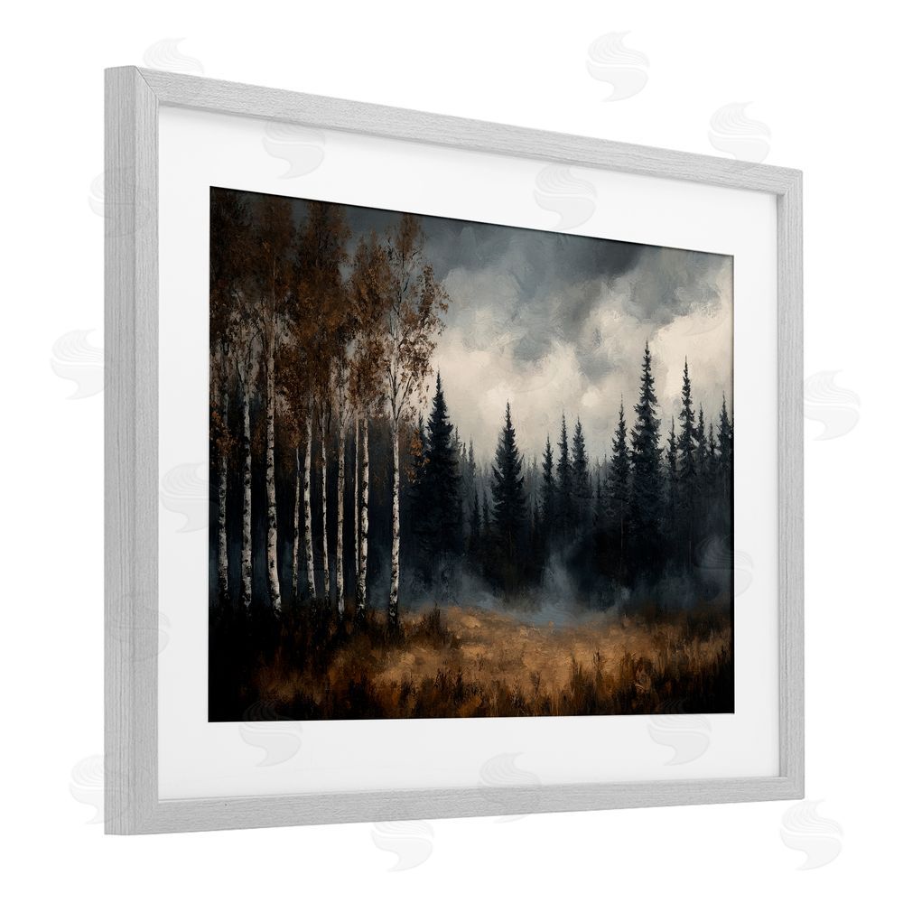 Petal Prints Design Misty Forest in Autumn Gray Framed Print Under Glass with White Mat Wall Art