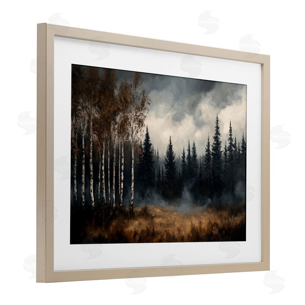 Petal Prints Design Misty Forest in Autumn Birch Framed Print Under Glass with White Mat Wall Art