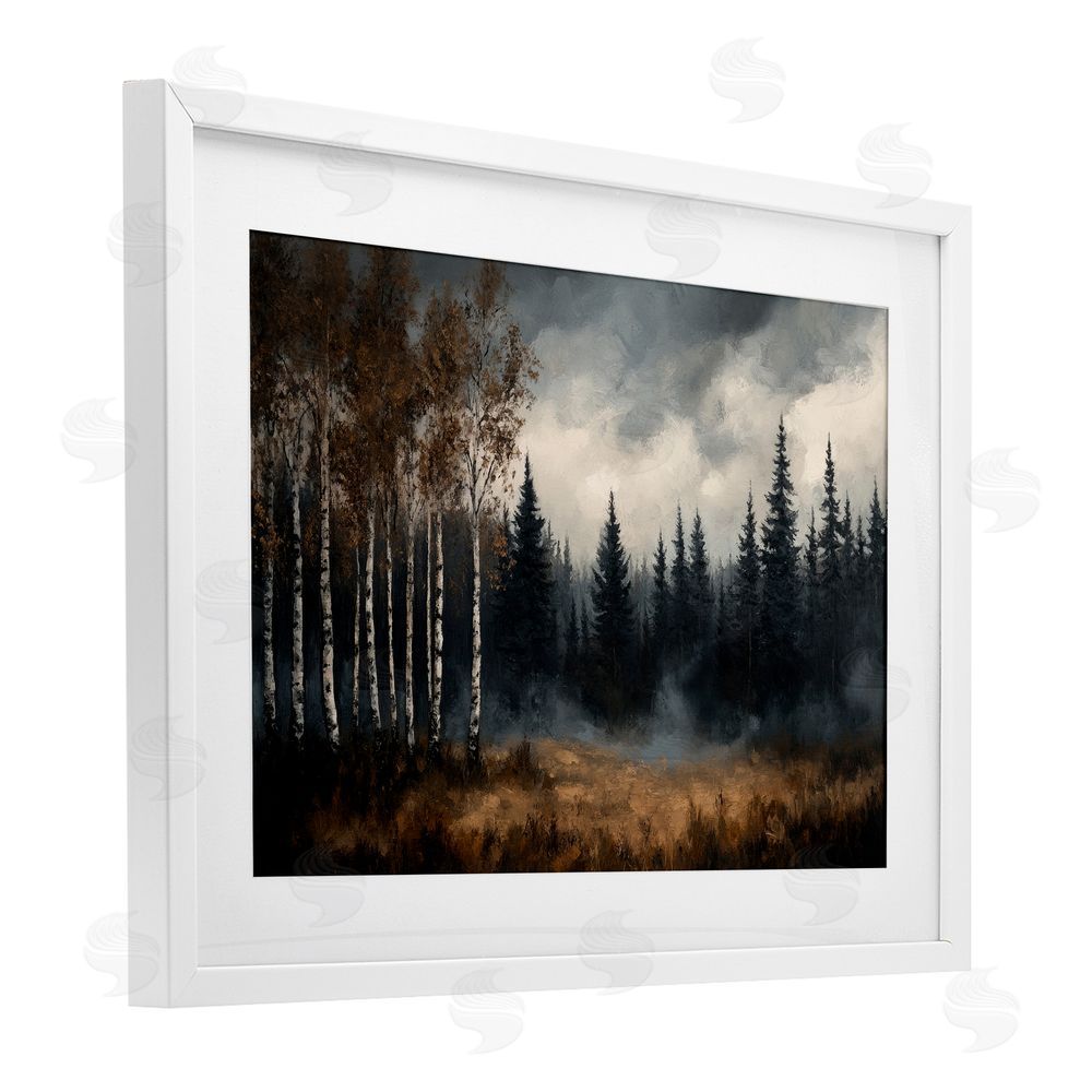 Petal Prints Design Misty Forest in Autumn White Framed Print Under Glass with Mat Wall Art