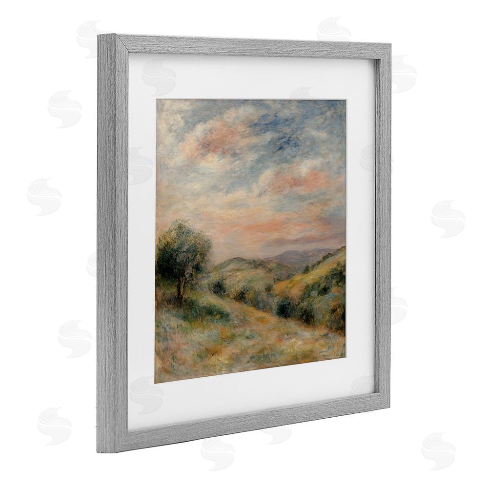 Petal Prints Design Springtime Hills Landscape Gray Framed Print Under Glass with White Mat Wall Art