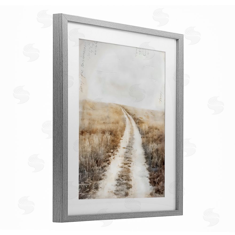 Riley B Soft Prairie Dirt Road Gray Framed Print Under Glass with White Mat Wall Art