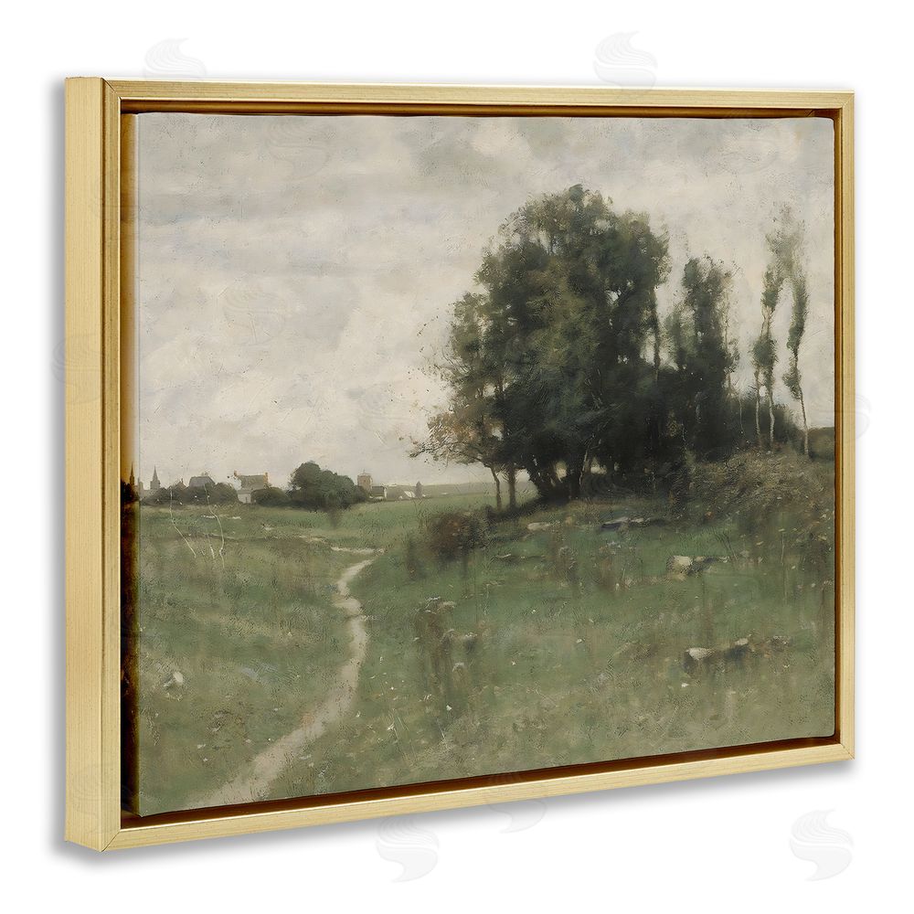 Riley B Vintage Farmhouse Countryside Path Gold Floating Frame Canvas Wall Art Print