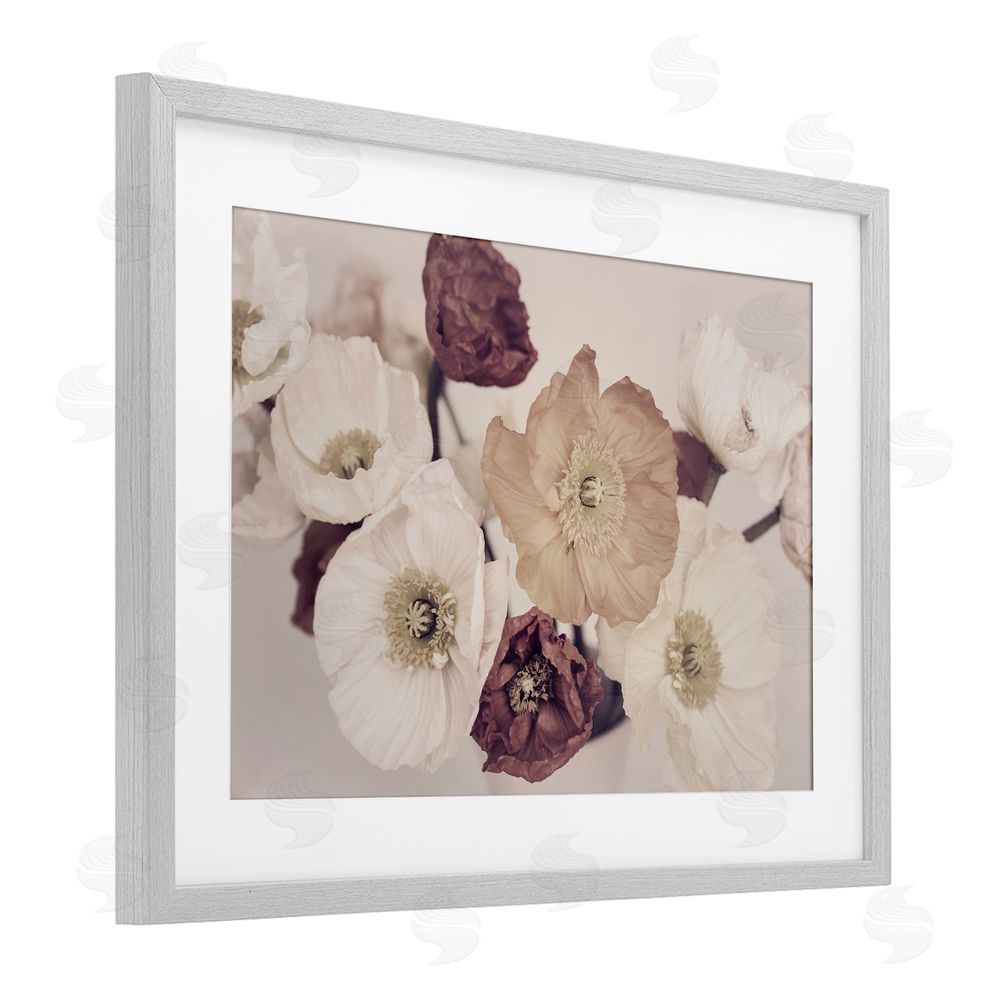Sisi and Seb Open Blooms Maroon Florals Gray Framed Print Under Glass with White Mat Wall Art
