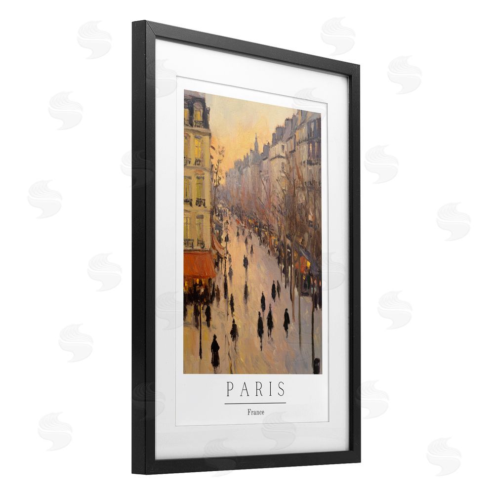 Petal Prints Design Vintage Orange Paris Streets Black Framed Print Under Glass with White Mat Wall Art