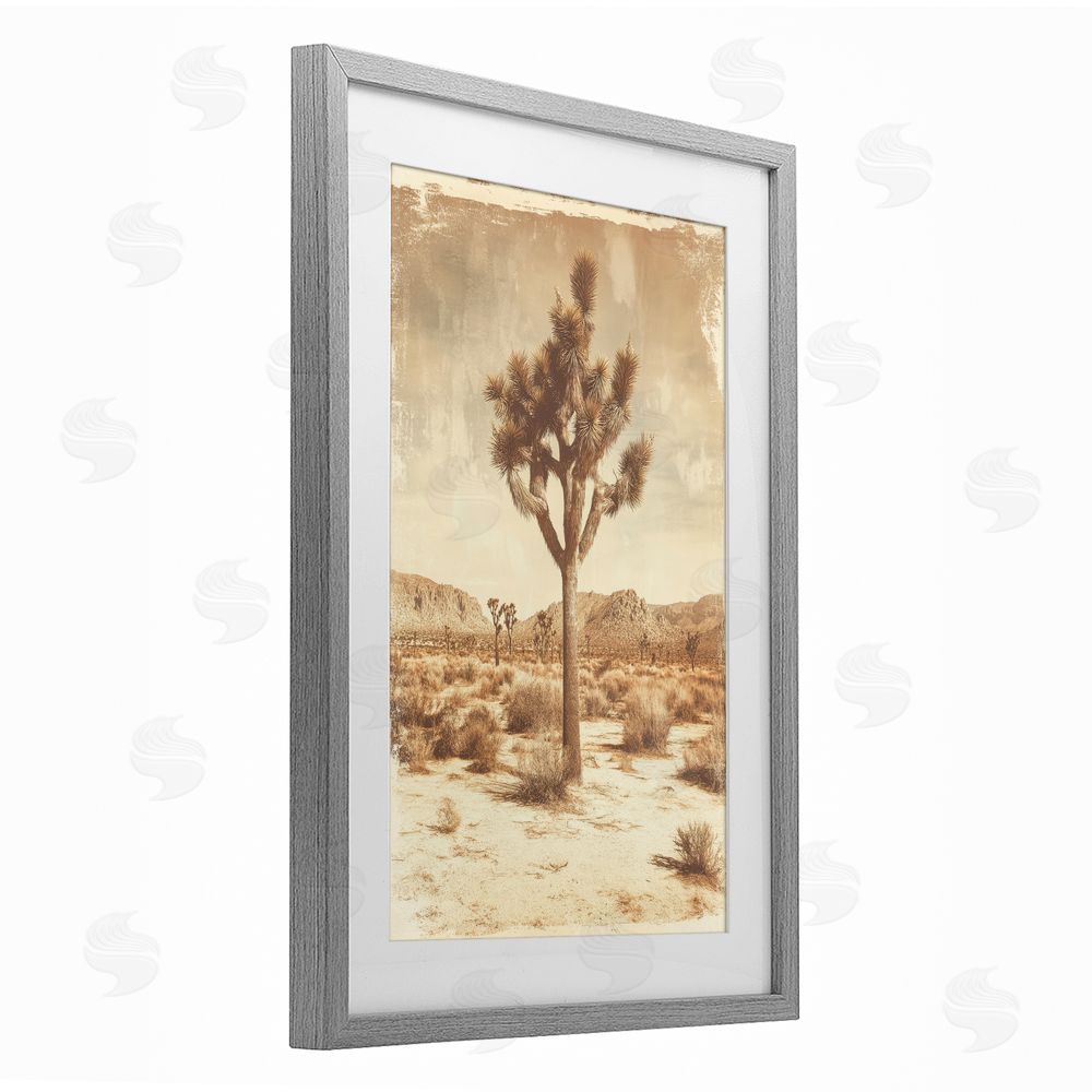 Petal Prints Design Southwest Landscape Lone Tree Gray Framed Print Under Glass with White Mat Wall Art