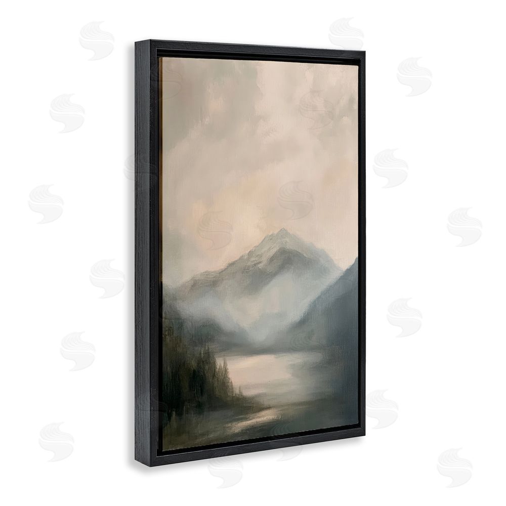 Petal Prints Design Misted Mountain Lake Scene Black Floating Frame Canvas Wall Art Print