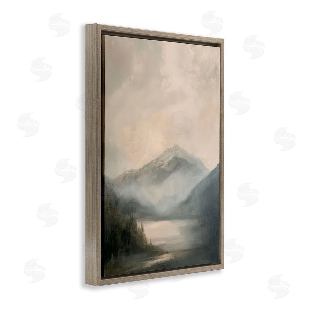 Petal Prints Design Misted Mountain Lake Scene Brown Floating Frame Canvas Wall Art Print