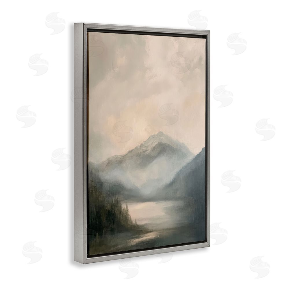 Petal Prints Design Misted Mountain Lake Scene Gray Floating Frame Canvas Wall Art Print