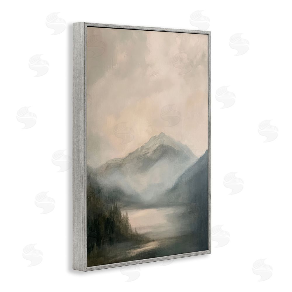 Petal Prints Design Misted Mountain Lake Scene Gray Framed Giclee Wall Art Print