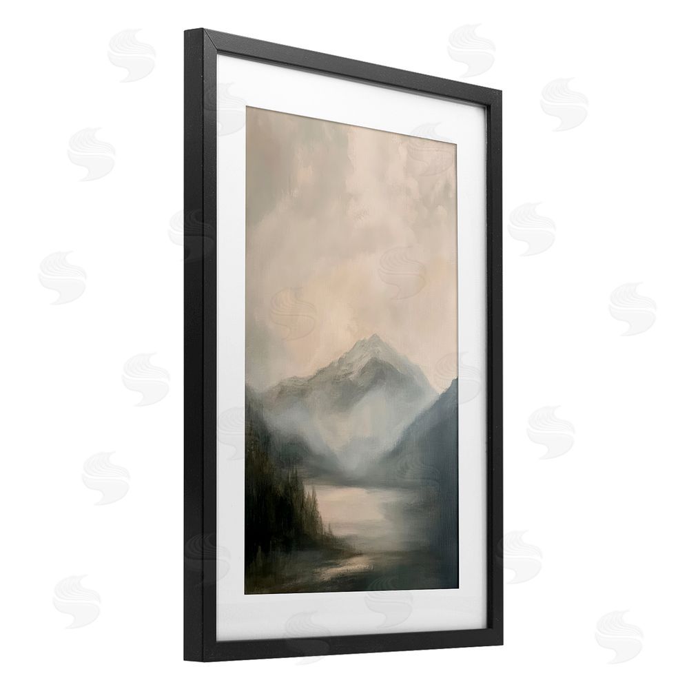 Petal Prints Design Misted Mountain Lake Scene Black Framed Print Under Glass with White Mat Wall Art