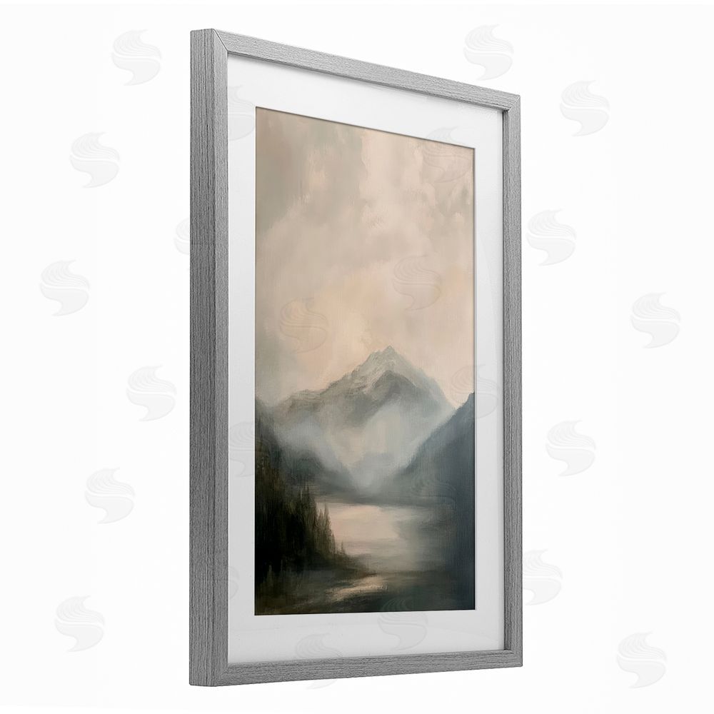 Petal Prints Design Misted Mountain Lake Scene Gray Framed Print Under Glass with White Mat Wall Art