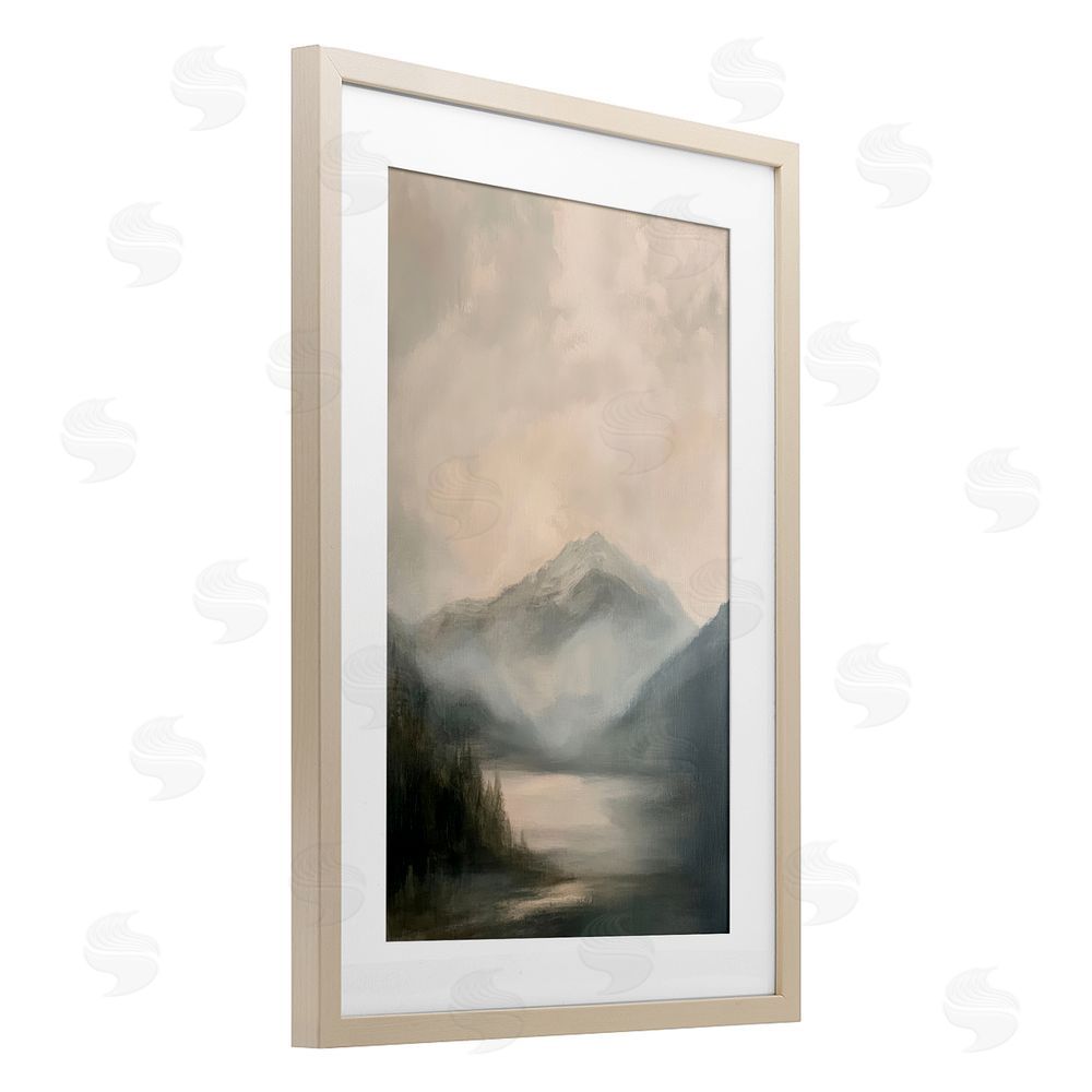 Petal Prints Design Misted Mountain Lake Scene Birch Framed Print Under Glass with White Mat Wall Art