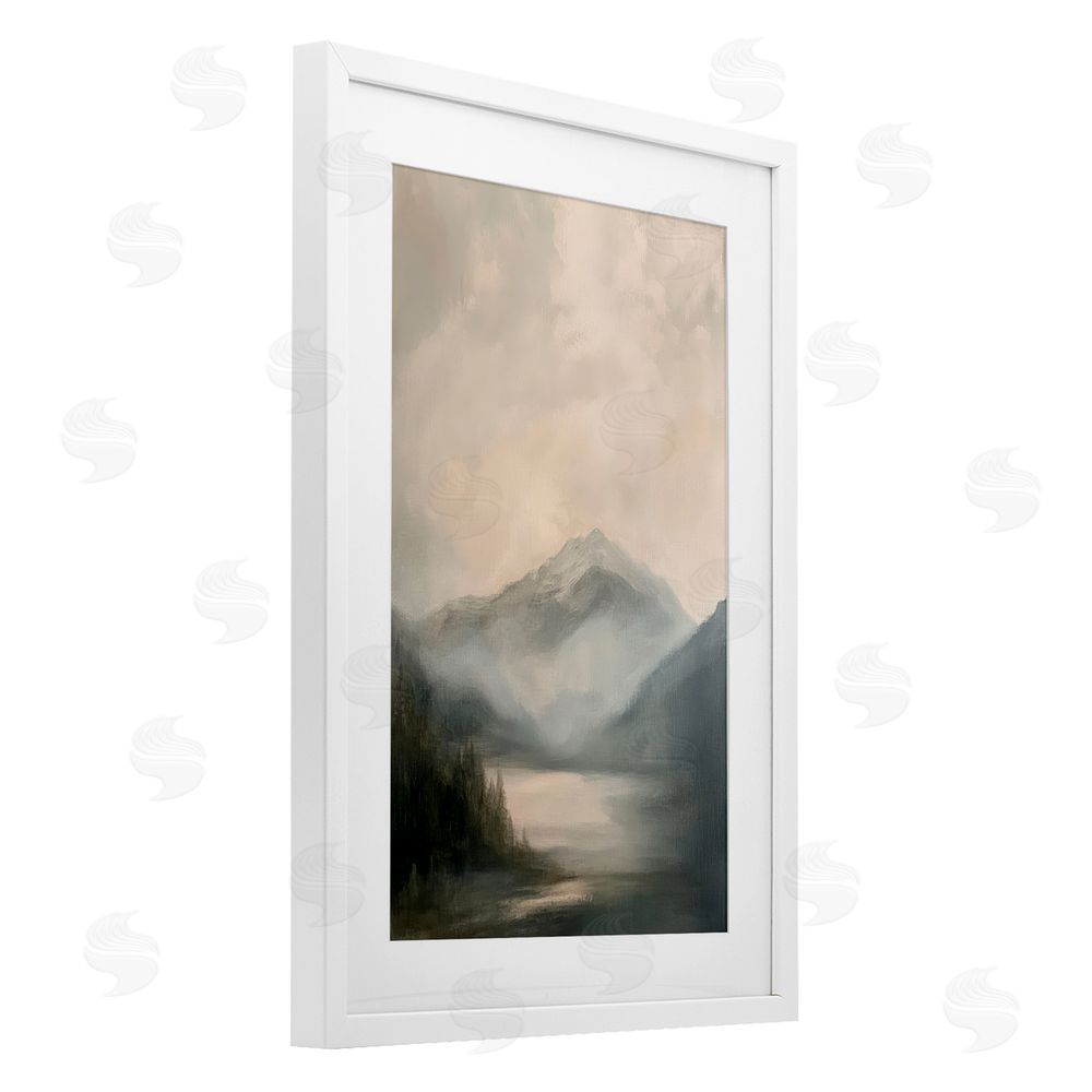 Petal Prints Design Misted Mountain Lake Scene White Framed Print Under Glass with Mat Wall Art