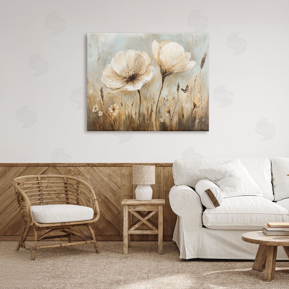 Petal Prints Design White Wildflowers Brown Meadow Canvas Art on Wall
