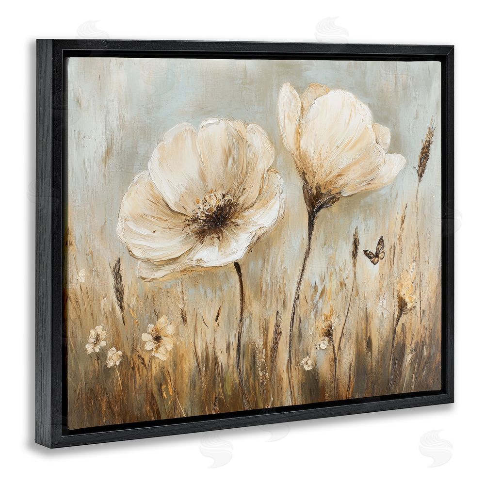 Petal Prints Design White Wildflowers Brown Meadow Black Floating Frame Canvas Wall Art Print