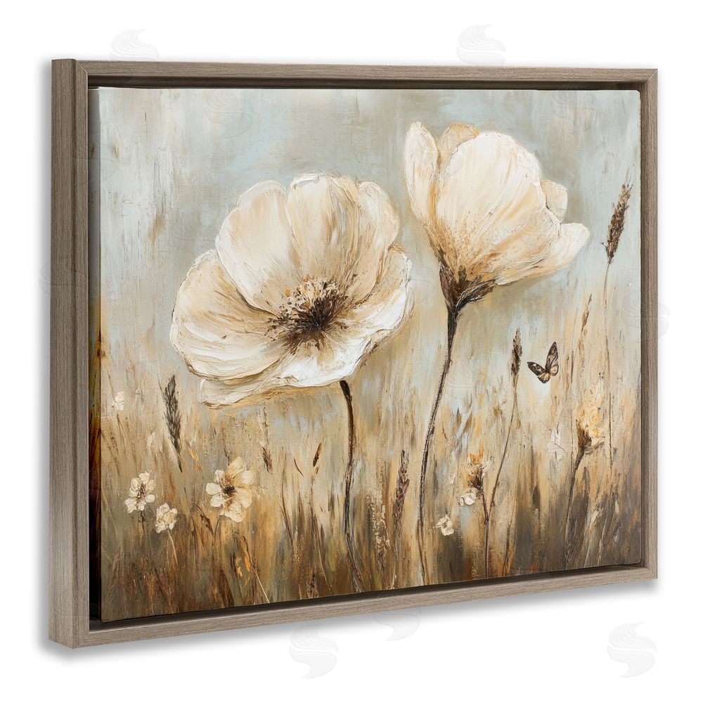 Petal Prints Design White Wildflowers Brown Meadow Brown Floating Frame Canvas Wall Art Print