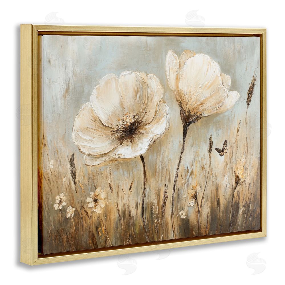 Petal Prints Design White Wildflowers Brown Meadow Gold Floating Frame Canvas Wall Art Print