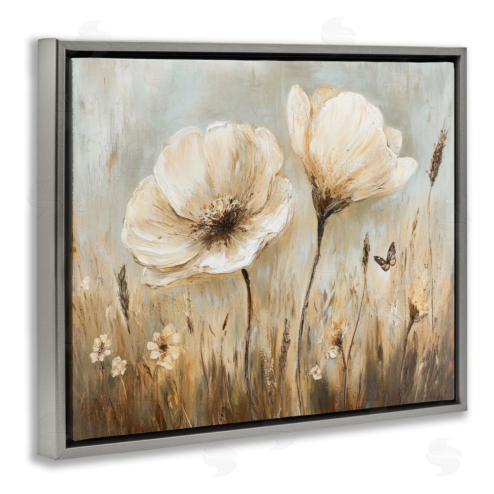 Petal Prints Design White Wildflowers Brown Meadow Gray Floating Frame Canvas Wall Art Print