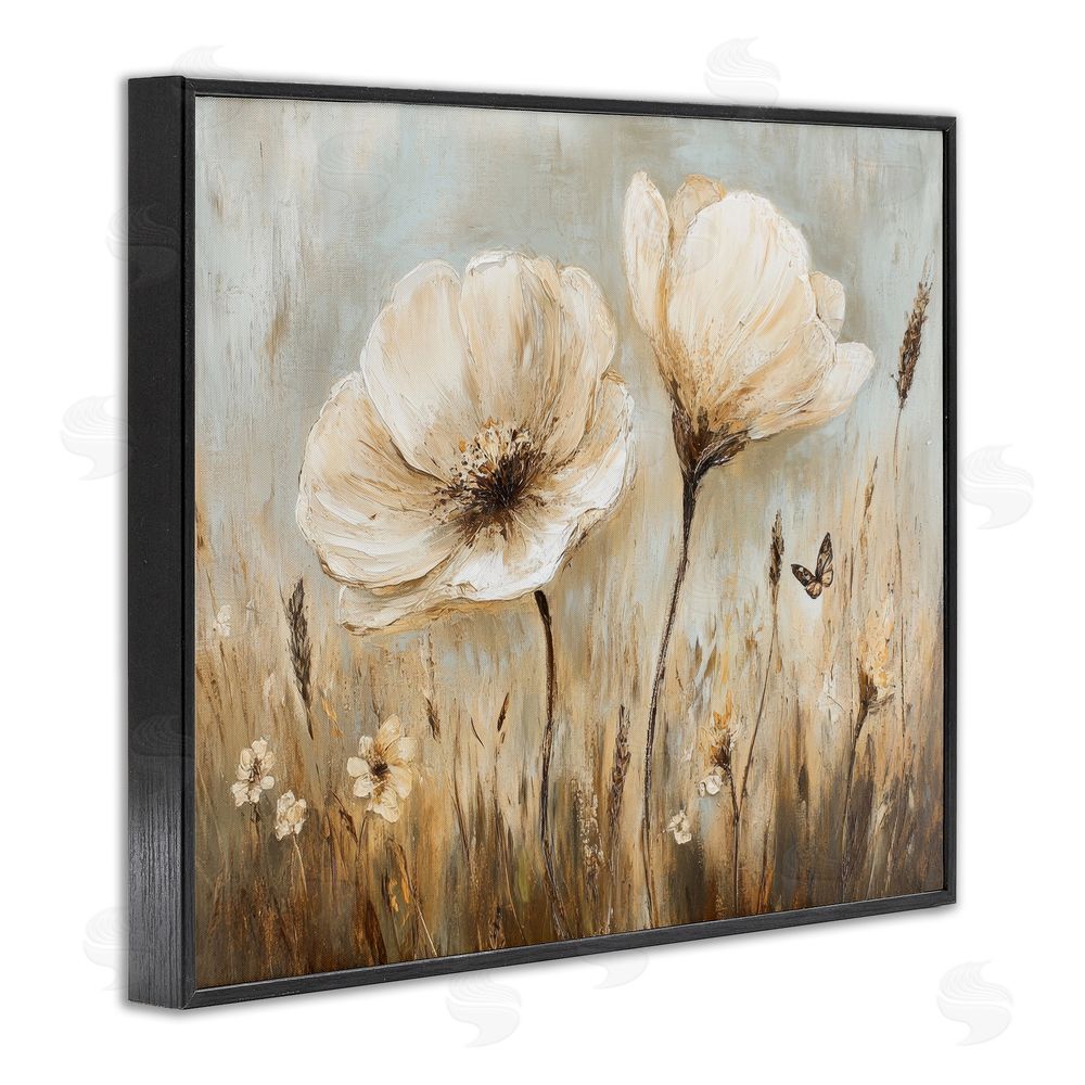 Petal Prints Design White Wildflowers Brown Meadow Black Framed Giclee Wall Art Print