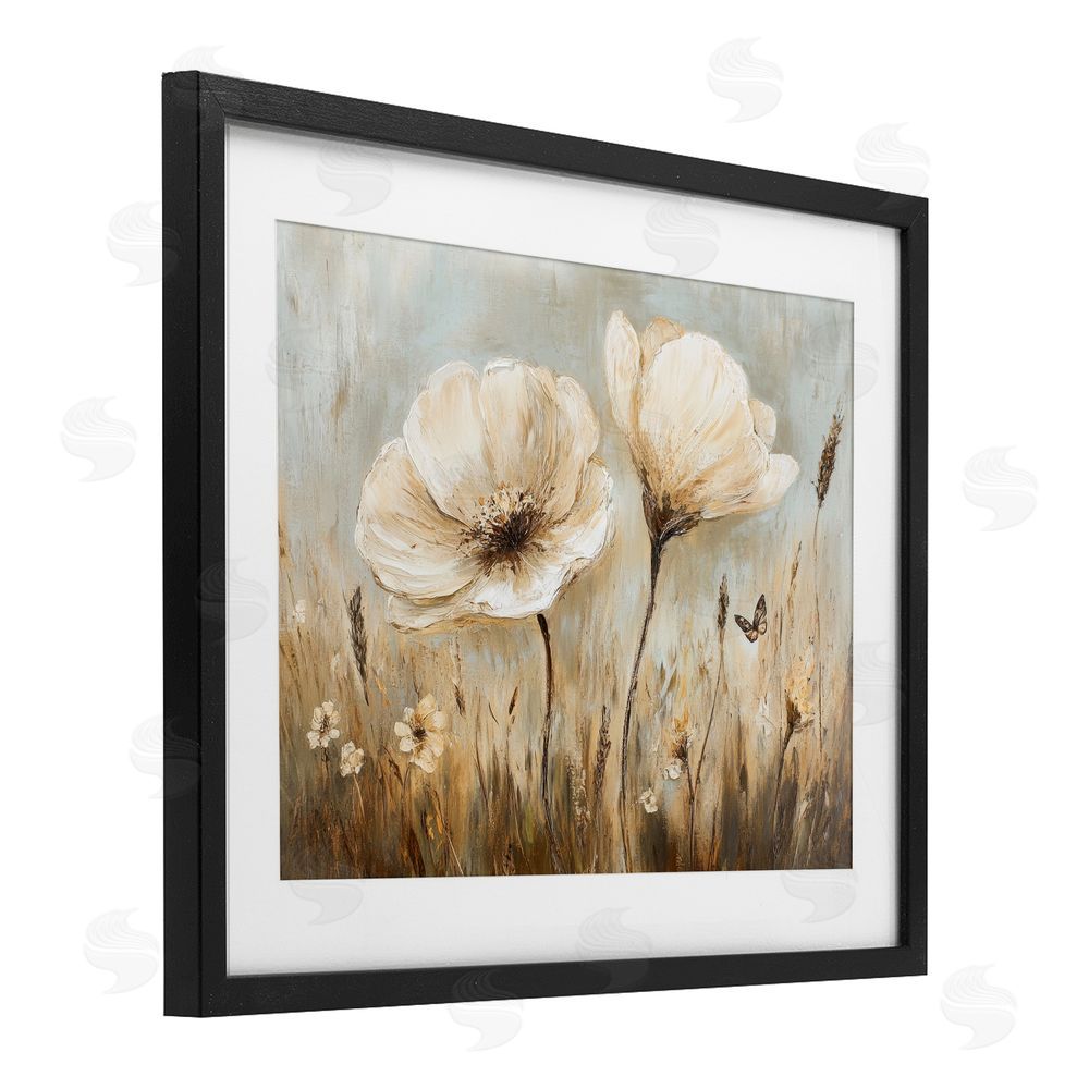 Petal Prints Design White Wildflowers Brown Meadow Black Framed Print Under Glass with White Mat Wall Art