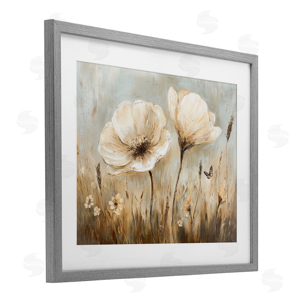 Petal Prints Design White Wildflowers Brown Meadow Gray Framed Print Under Glass with White Mat Wall Art