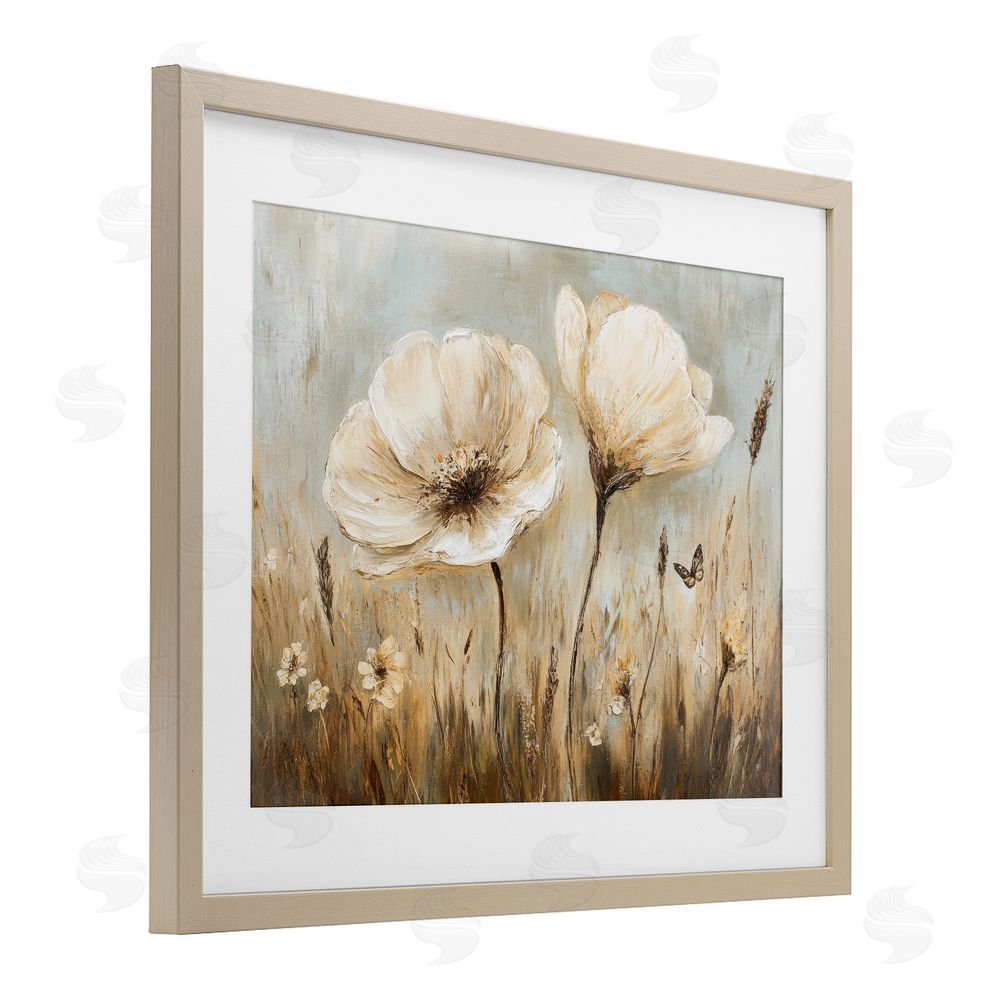 Petal Prints Design White Wildflowers Brown Meadow Birch Framed Print Under Glass with White Mat Wall Art